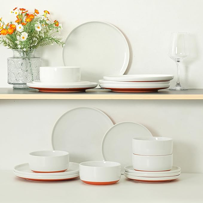 24 Piece Dinnerware Set Dual Glaze Stoneware Plates and Bowls Sets Modern Dinner Plate Salad Plate Cereal Bowl Dish Set for 8 Microwave and Dishwasher Safe Stardust Glaze White