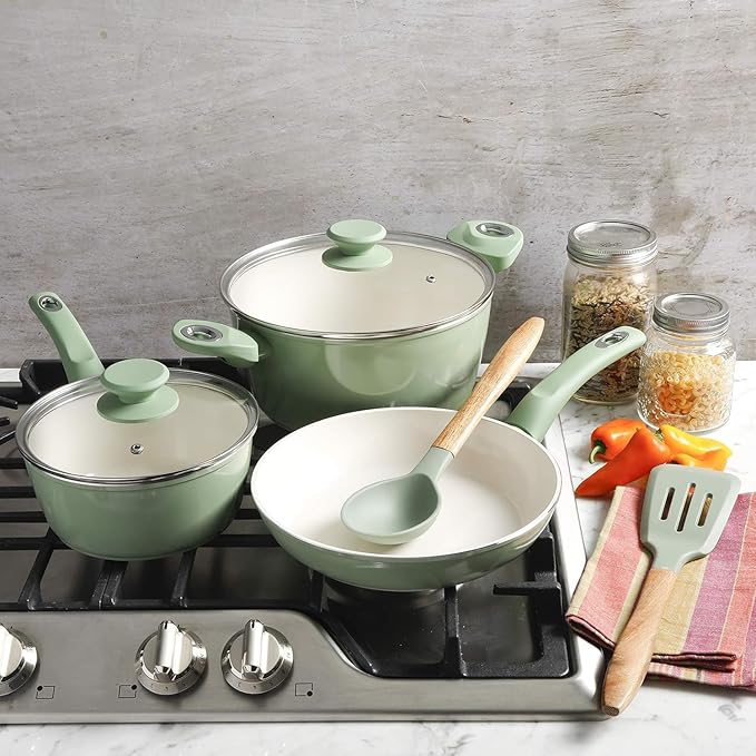 7 Piece Nonstick Aluminum Cookware Set Mint Green Pots and Pans Induction Compatible Kitchen Essentials (Mint Green)