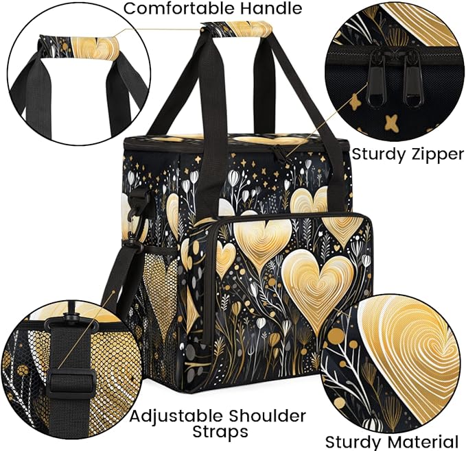 Black Gold Heart Coffee Maker Carrying Bag Portable Travel Storage Tote Bag Compatible with K-Mini or K-Mini Plus Single Serve Coffee Brewer Carrying Case with Multiple Pockets &amp Shoulder Strap