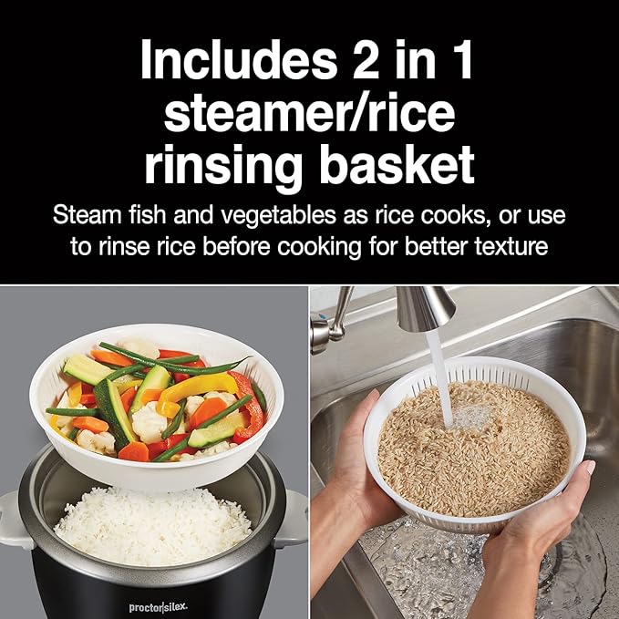 Proctor Silex Rice Cooker &amp Food Steamer 16 Cups Cooked (8 Cups Uncooked) Includes Steam and Rinsing Basket Black (37527)