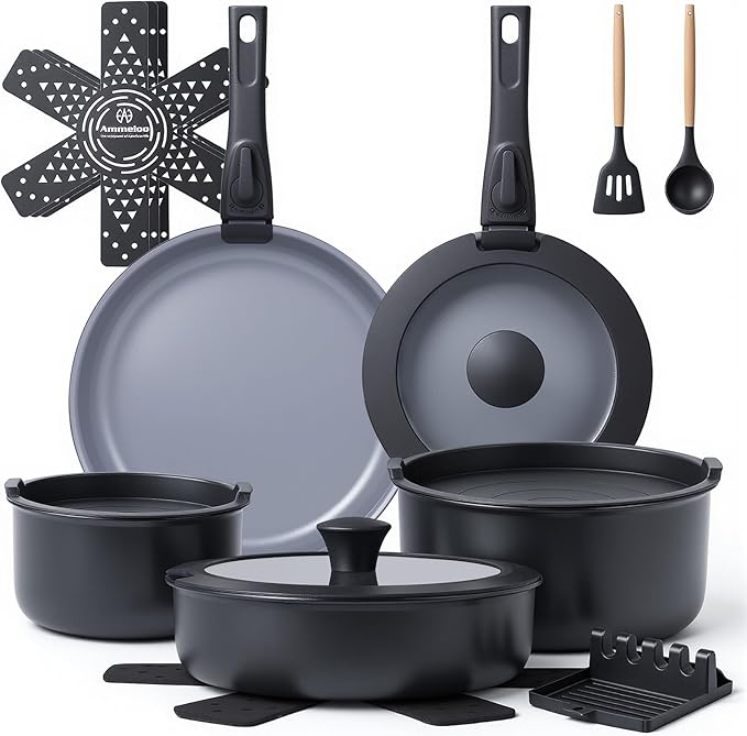 Ammeloo 18 Pcs Ceramic Pots and Pans Set Non Stick Kitchen Cookware Set with Detachable Handle Non Toxic Cooking Set with Removable Handle for RVs Camping Fridge Dishwasher/Oven Safe