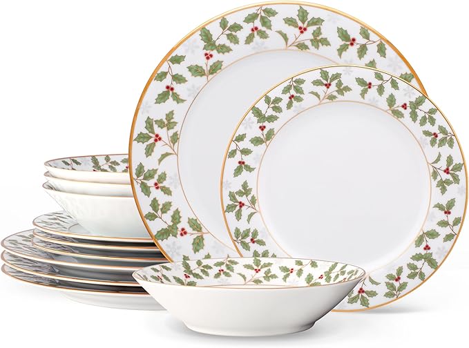 Noritake Holly and Berry Gold 12-Piece Dinnerware Set Service for 4