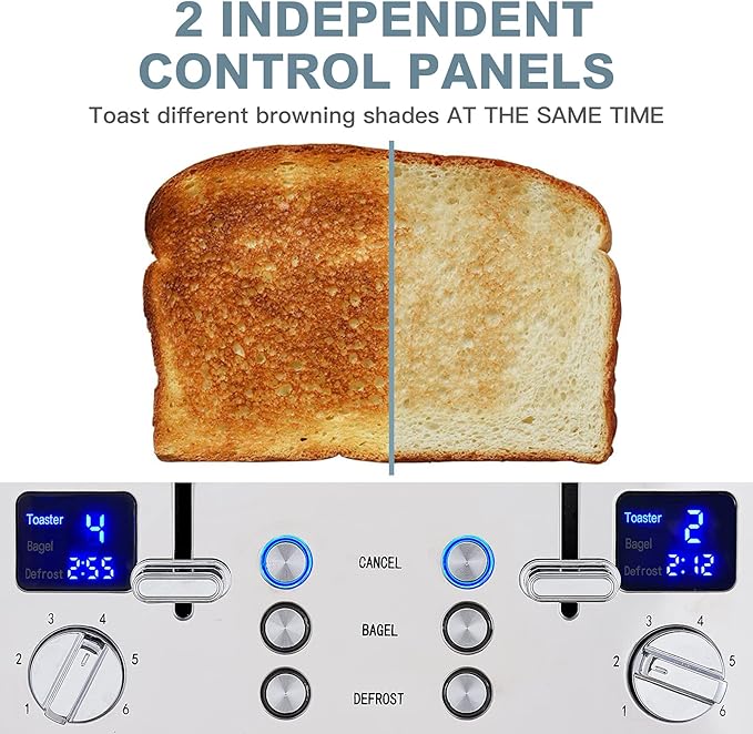CUSIMAX 4 Slice Toaster Ultra-Clear LED Display &amp Extra Wide Slots Stainless Steel Toaster with Dual Control Panels of 6 Shade Settings Cancel/Bagel/Defrost Function Removable Crumb Trays Bla