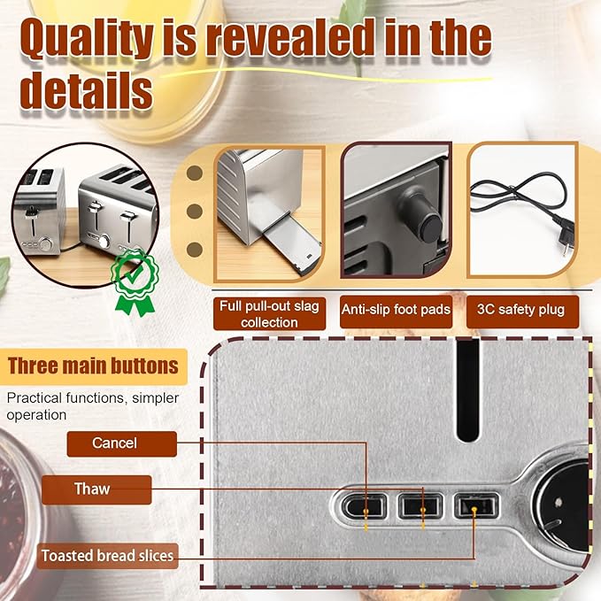 4/6 Slots Toaster with Extra Wide Slots Stainless Steel Dual Independent Controls Bagel Reheat Defrost Cancel High-Lift Lever Home Kitchen or Commercial Use(4 Slots)
