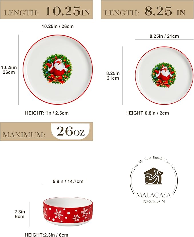 MALACASA Plates and Bowls Sets 12 Pieces Christmas Porcelain Dinnerware Set for 4 Ceramic Dishware Dishes Kitchen Dinner Dining Ware Set Microwave and Dishwasher Safe Series LUNA-Santa Claus