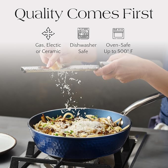 Luxurious Non-Stick Ceramic 3 Piece Blue Hammered Cookware Set Lightweight Scratch-Resistant Dishwasher Safe Oven Safe up to 500°F Suitable for All Stove Types