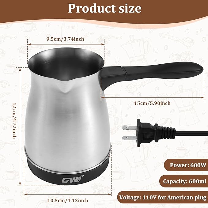 Turkish Coffee Pot 600ml Turkish Coffee Maker 5 to 6 Cups Capacity 110V Stainless Steel Electric Coffee Machine with Handle for Home Kitchen &amp Travel - Quick Brew