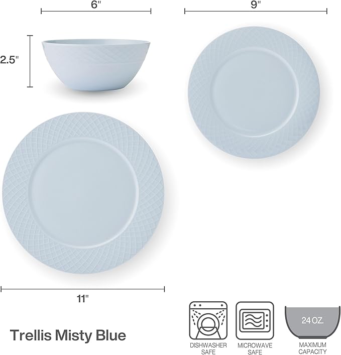 Mikasa Trellis Pastel Bone China Lightweight Chip Resistant 12 Piece Dinnerware Set Service for 4 Misty Blue