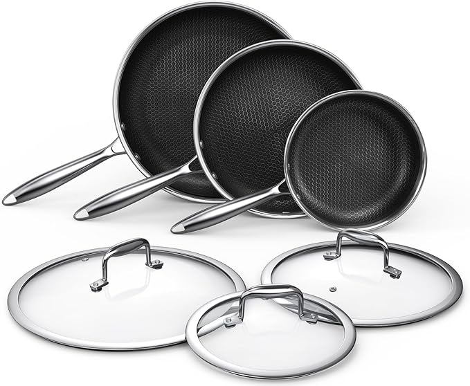 MOMOSTAR Hybrid Nonstick 6-Piece Frying Pan Set 8 10 and 12-Inch Cookware Sets with Tempered Glass Lids Dishwasher &amp Oven Safe Induction Ready Compatible with All Cooktops