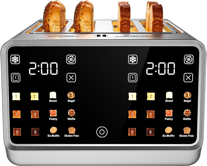 Smart Toaster 4 Slice with Touchscreen &amp 1-Touch Memory for Family | Stainless Steel Extra-Wide Slots for 6 Bread Types &amp Toast Settings | Defrost Reheat &amp Single-Slice Modes