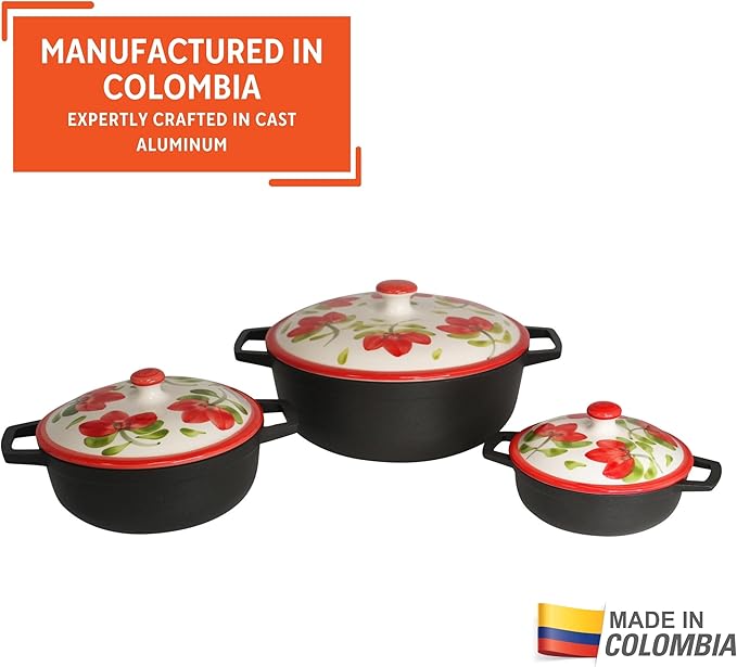 IMUSA 0.5/1.5/3.7qt Carmen de Viboral Cast Aluminum Nonstick Caldero 6pc Set with Floral Ceramic Lids (Drop Ship) Black - 14/18/24cm