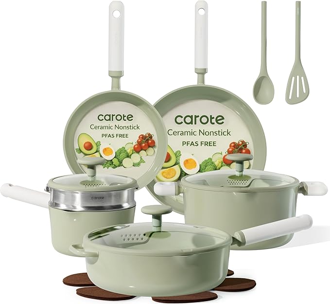 CAROTE Pots and Pans Set Non stick 15pcs Ceramic Cookware Set Nonstick Non Toxic CookwareDishwasherRV/Camping Cookware SetGreen