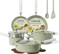 CAROTE Pots and Pans Set Non stick 15pcs Ceramic Cookware Set Nonstick Non Toxic CookwareDishwasherRV/Camping Cookware SetGreen