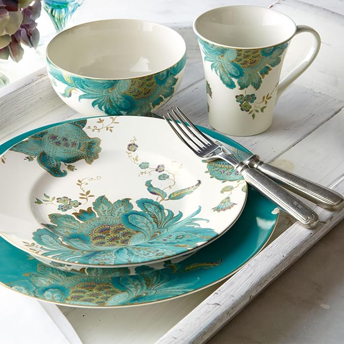 222 Fifth 16-Piece Porcelain Dinnerware Set for 4 Elegant Floral Plates and Bowls Sets-White Teal Gold Ceramic Dishes Chip Resistant Kitchen and Dining Dish Set Microwave &amp Dishwasher Safe E