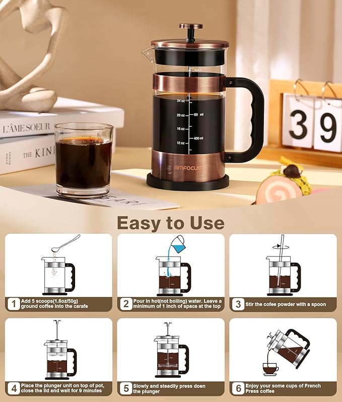 French Press Coffee Maker - 34 Ounce Classice Stainless Steel Coffee Press with 4-Level Filtration System Heat Resistant Thickness Borosilicate Glass French Press Coffee Pot for Camping Travel Gift