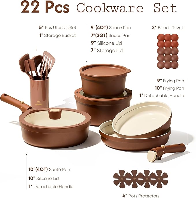 CAROTE 22Pcs Ceramic Cookware Set Pots and Pans Set Non Stick Removable Handles Non Toxic Cookware Oven/Dishwasher Safe Induction Cookware Gift Set NonStick Cookware Set with Kitchen Essentials