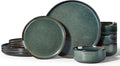 Herogo 12 Pieces Square Stoneware Dinnerware Set Service for 4 Dinner Plates and Bowls Sets Double Reactive Glaze Dishes Set for Kitchen Scratch Resistant Dishwasher Safe Moss Green
