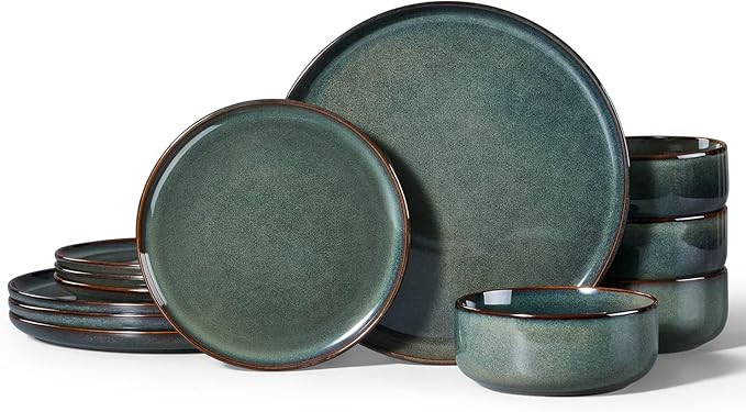 Herogo 12 Pieces Square Stoneware Dinnerware Set Service for 4 Dinner Plates and Bowls Sets Double Reactive Glaze Dishes Set for Kitchen Scratch Resistant Dishwasher Safe Moss Green