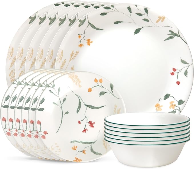 Corelle Vitrelle 18 Piece Wildflower Glass Dinnerware Sets Service for 6 &amp 6-Piece Winter Frost White Salad Plates