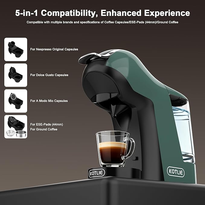 KOTLIE EM-308B Espresso Machine Single Serve Coffee Maker Compatible with Multiple Capsule Types Ground Coffee and ESE Pods 3 Temperatures 7 Water Volume Levels 34 Oz（Green）