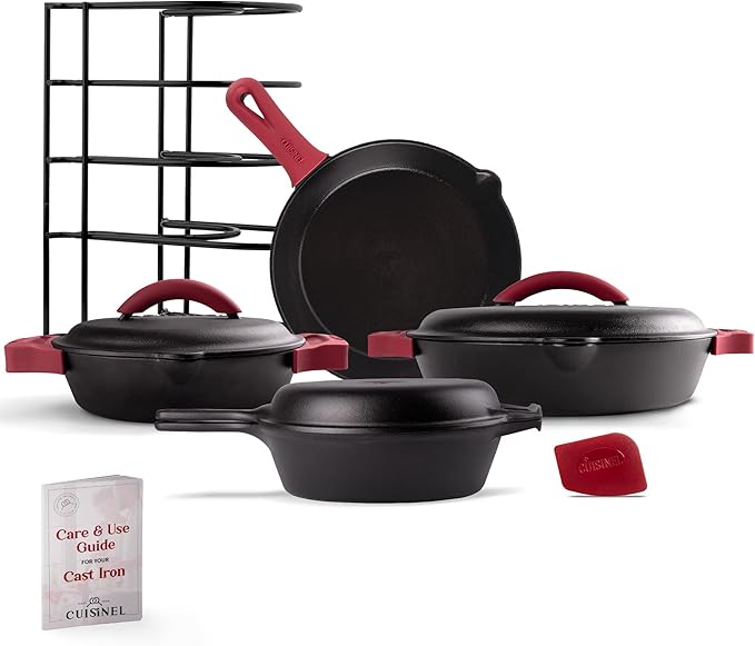 Cuisinel Cast Iron 16-Piece Pre-Seasoned Cookware Set - 8 + 12 Braiser Pans + Cast Iron Lids + 10 Skillet + 2-in-1 Multi-Cooker + 12 Organizer + Scraper + Silicone Handle Covers - Fire Oven Safe