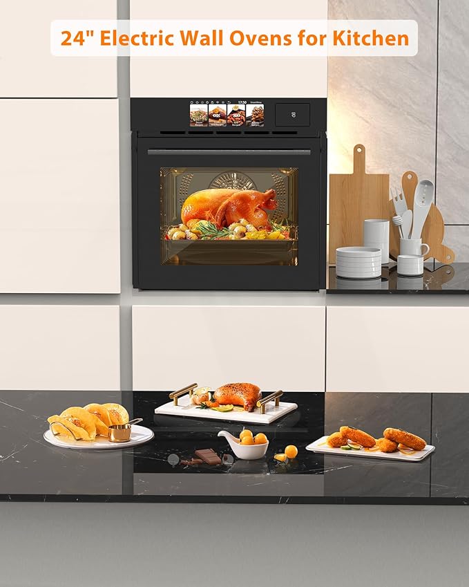 24 Built-in Electric Oven - Single Wall Convection Design 3000W 2.5Cu.ft Capacity 8 Cooking Modes Stainless Steel Colorful Touch Screen Transparent Viewing Window Black