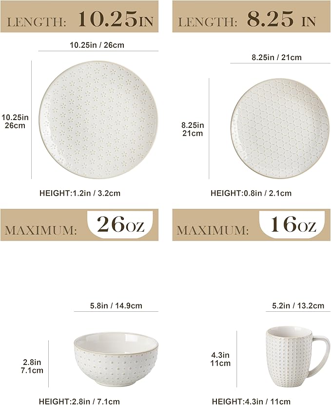 MALACASA 16 Pieces Dinnerware Sets Modern Relief Design Plates and Bowls Sets White Dish Set for 4 Kitchen Ceramic Dinner Plates Dishware Set Microwave and Dishwasher Safe Series LYDIA