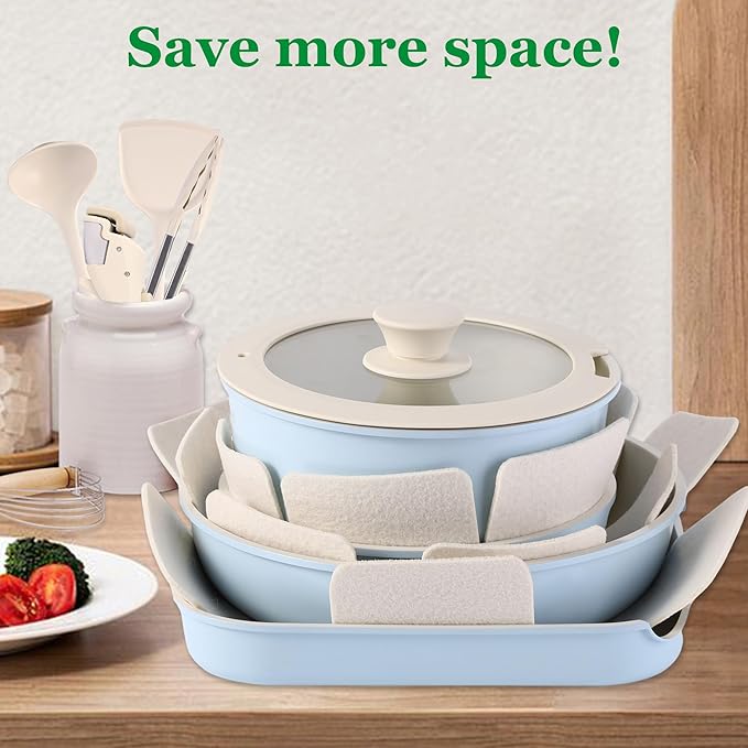 12 PCS Kitchen Cookware Sets with Detachable HandlePots and Pans Sets Non Stick Induction Pan Set for RV CookwareOven Safe PFOA Free（Blue)