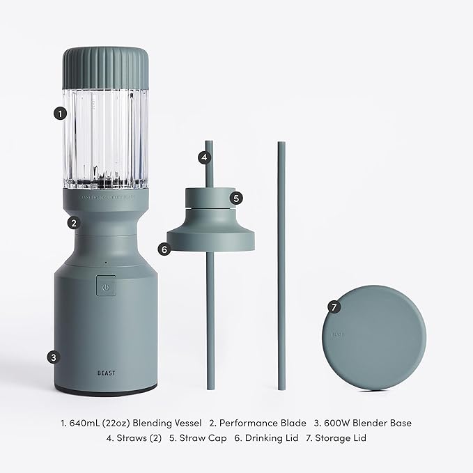 The Beast Mini Blender | Mini Countertop Kitchen Blender | Blend Smoothies and Shakes Dressings Sauces Dips | Straw Cap and Straws Included | 600W (Mist)
