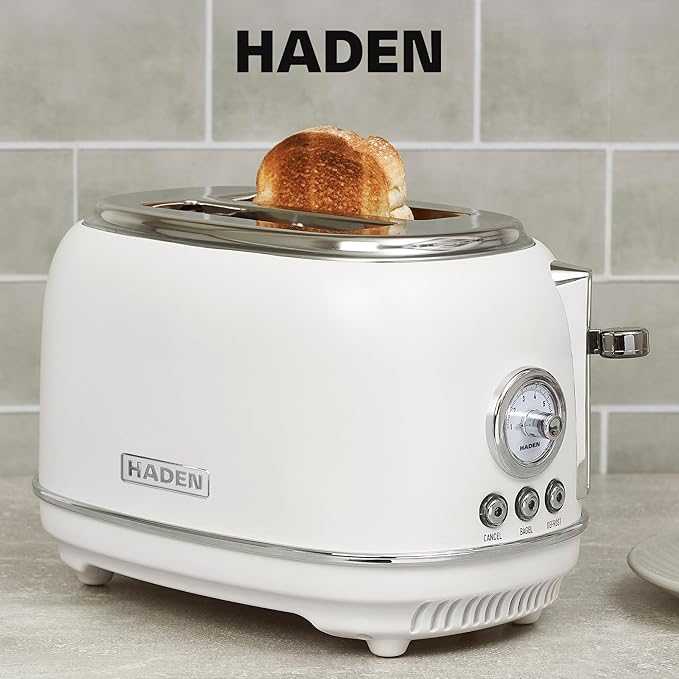 Haden Chelsea 2-Slice Wide Slot Stainless Steel Toaster with Adjustable Browning Control &amp Non-Slip Feet Ivory &amp Chrome