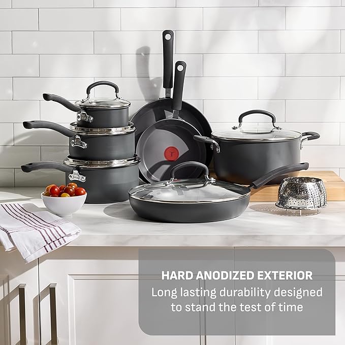 T-Fal Ultimate Hard Anodized Nonstick 13 Piece Cookware Set Oven Safe Up to 400°F Pots and Pans Set Includes Frying Pans Saucepan Stockpot Cooking Utensils Grey