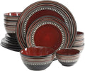 Cafe 16-Piece Double Bowl Red Dinnerware Set Black Geometric Modern Contemporary Round Stoneware 16 Piece Dishwasher Safe Microwave
