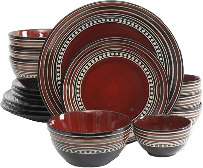 Cafe 16-Piece Double Bowl Red Dinnerware Set Black Geometric Modern Contemporary Round Stoneware 16 Piece Dishwasher Safe Microwave
