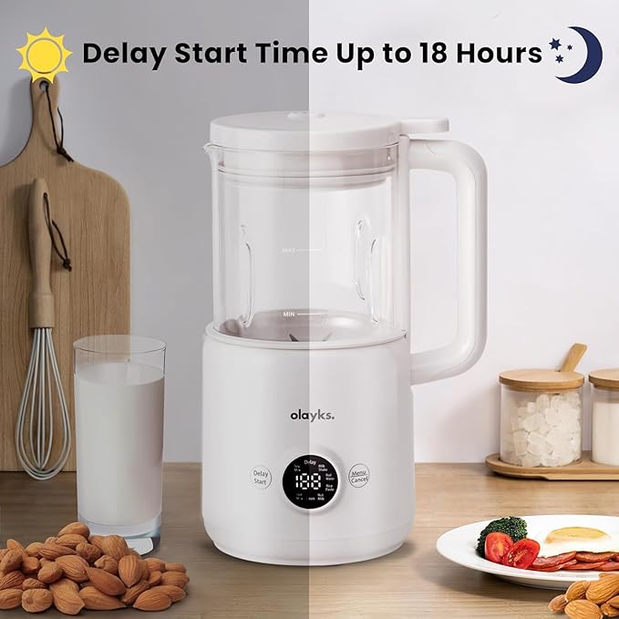 olayks Nut Milk Maker Machine 20oz Automatic Soy Milk Maker with 12 Blades for Homemade Soy Oat Almond Plant Based Milk and Non Dairy Beverages Delay Start/Self-Cleaning/Boil Water with Recipe