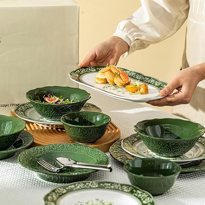 Dinnerware Set 13 Piece Kitchen and Dining Service for 6 Ceramic Rice Bowl Pasta/Salad/Dessert Plate