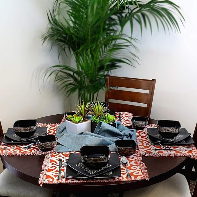 16 Piece Luxurious Square Double Bowl Highly Durable Stoneware Dinnerware Sets Traditional Animal Pattern High Gloss Texture Black Dish Set Dishwasher Safe Lightweight Unbreakable Service for 4