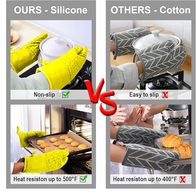 KEGOUU Oven Mitts and Pot Holders 6pcs Set Kitchen Oven Glove High Heat Resistant 500 Degree Extra Long Oven Mitts and Potholder with Non-Slip Silicone Surface for Cooking (Yellow)