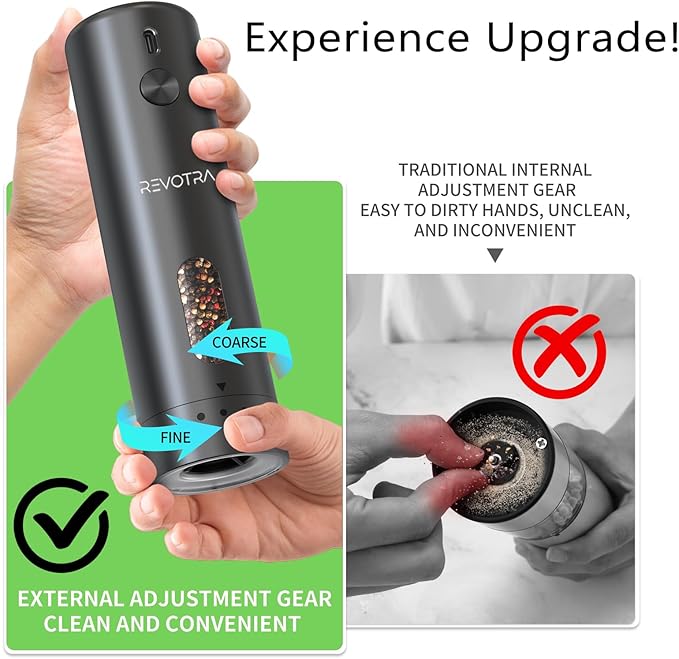 Electric Salt and Pepper Grinder Set Rechargeable Automatic Salt and Pepper Shakers with 6 Adjustable Coarseness Christmas Gift Larger Capacity LED Light One-Handed Operation 2 Packs