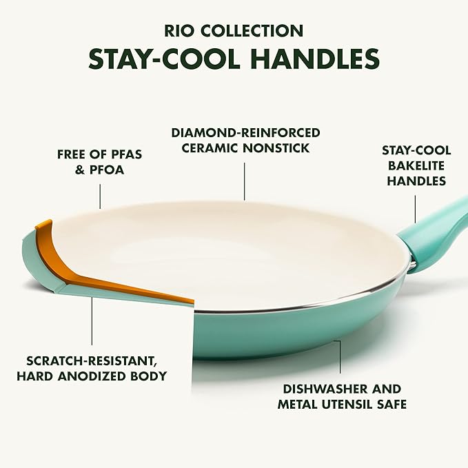 GreenPan Rio Healthy Ceramic Nonstick 16 Piece Cookware Pots and Pans Set PFAS-Free Dishwasher Safe Turquoise