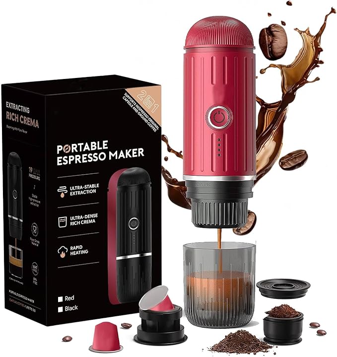 Portable Espresso Machine with 3-4 Min Self-heating 7800mAh Rechargeable Electric Coffee Machine 19 Bar Compatible with NS Capsules and Ground Coffee (Red)