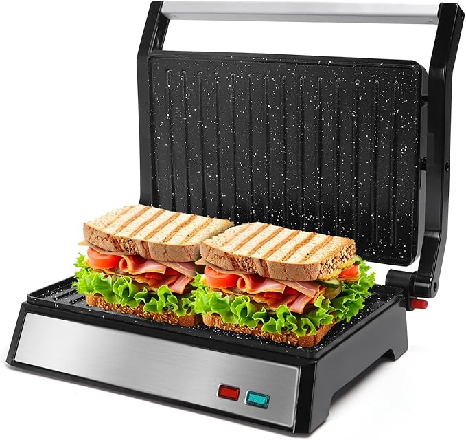 Aigostar Toaster 2 Slice Retro Extra-Wide Slot Toasters and Aigostar Panini Press 1200W Sandwich Maker and Electric Indoor Grill with Ceramic Non-Stick Coated Plates Opens 180°