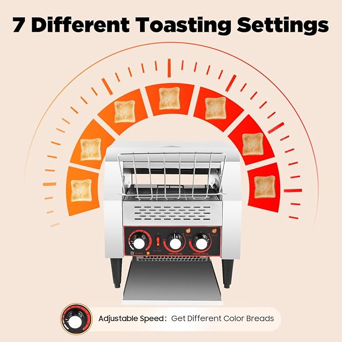 300Pcs/H Conveyor Toaster 2200W Commercial Conveyor Belt Toaster 110V 7-Bread Colors Select 7 Levels Adjustable Single/Double-sided Baking Free-standing Temp Control Electric Restaurant Toasters