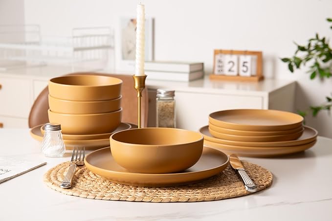 12-Piece Stoneware Dinnerware Set for 4 10 Plates &amp 7.5 Salad Plates &amp 5.9 Bowls Microwave &amp Dishwasher Safe Stackable Matte Glaze Kitchenware Chip &amp Scratch Resistant(Orange)