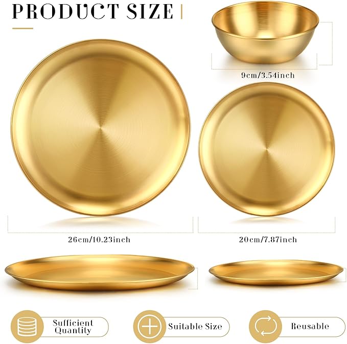 Layhit 18 Pcs Gold Stainless Steel Dinnerware Set 10'' Metal Gold Dinner Plates 8'' Thickened Dinner Dishes 3.5'' Sauce Bowls Stackable Dishware for Kitchen BBQ Party Picnic Service for 6