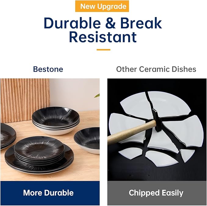 Bestone 12 Piece Round Kitchen Dinnerware SetsPlates and Bowls setsDishes Plates Bowls Dish SetPlates and BowlsService for 4 Chip Resistant Porcelain Starburst Turquoise Black