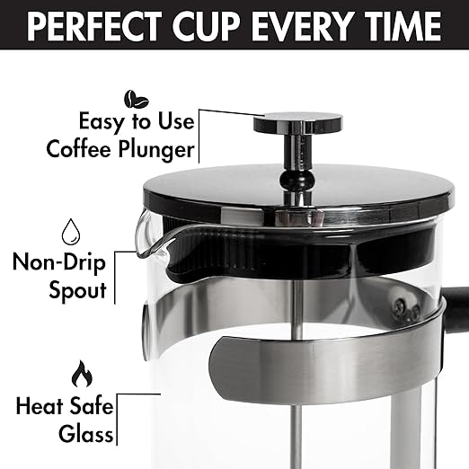 Primula French Press Coffee Maker Temperature Safe Borosilicate Glass with Stainless Steel Filters Premium Design and Quality 34-Ounces 8-Cup Silver