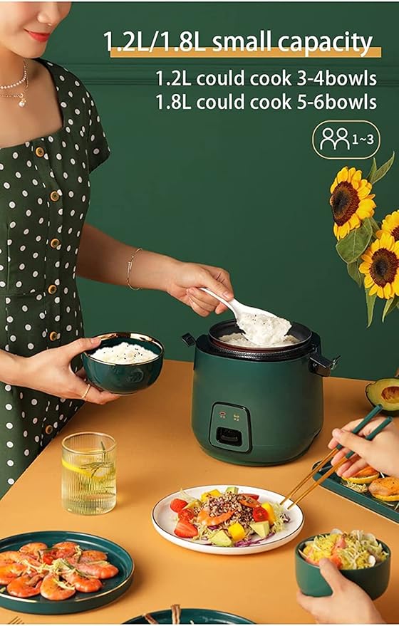Mini Electric Rice Cooker With Portable Handle Retro Green Rice Cooker Fully Automatic with Removable Non Stick Rice Pot (1.2L)