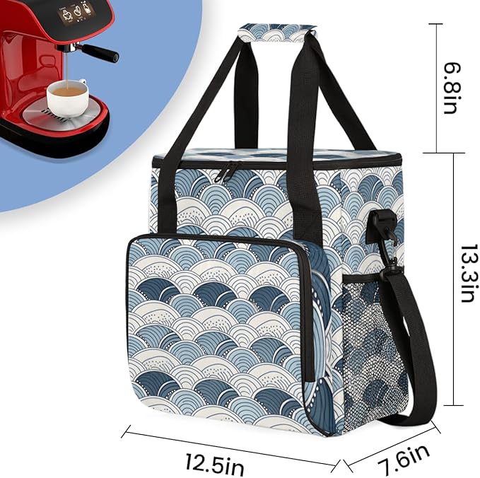 Blue Geometry Curve Coffee Maker Carrying Bag Portable Travel Storage Tote Bag Compatible with K-Mini or K-Mini Plus Single Serve Coffee Brewer Carrying Case with Multiple Pockets &amp Shoulder Str