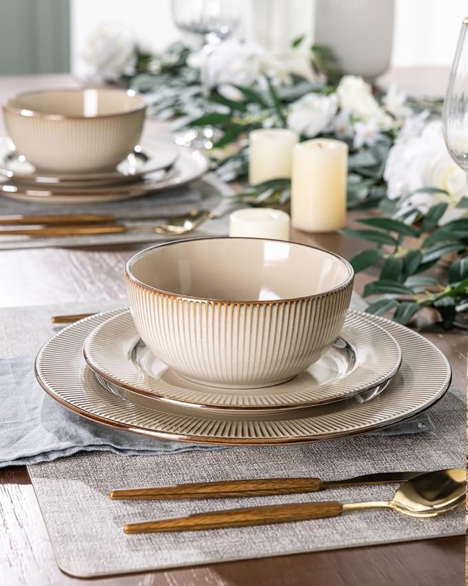 GBHOME Ceramic Dinnerware Sets 18 Piece Embossed Elegant Stoneware Plates and Bowls Sets Housewarming Wedding Gift | Dishwasher &amp Microwave Safe | Dishes Set Service for 6