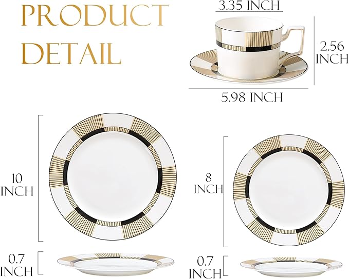 Bone China Dinnerware Set for 2 8 Pieces Premium Black Gold Striped Dinner Plate with Teacup and Saucer Luxury Plate Set for Brunch Wedding Housewarming and Special Occasions